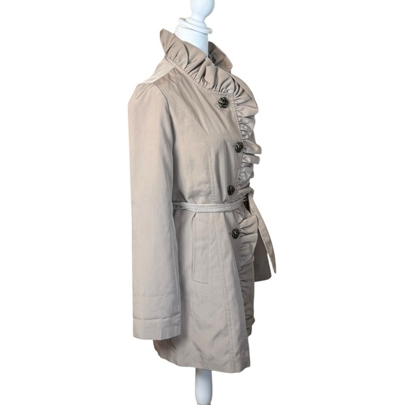 Betsey Johnson Khaki Tan Belted Ruffle Trench Coat Rose Buttons Jacket Small - Picture 4 of 13